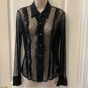 Cache Sheer Black Lace Blouse, long sleeves, size M